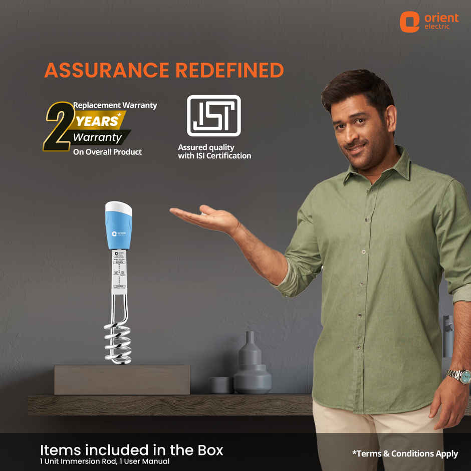 Orient electric Arc Plus 1000W Immersion Rod  heater, 100% shock proof body, Heavy copper element With Bucket clip - Blue