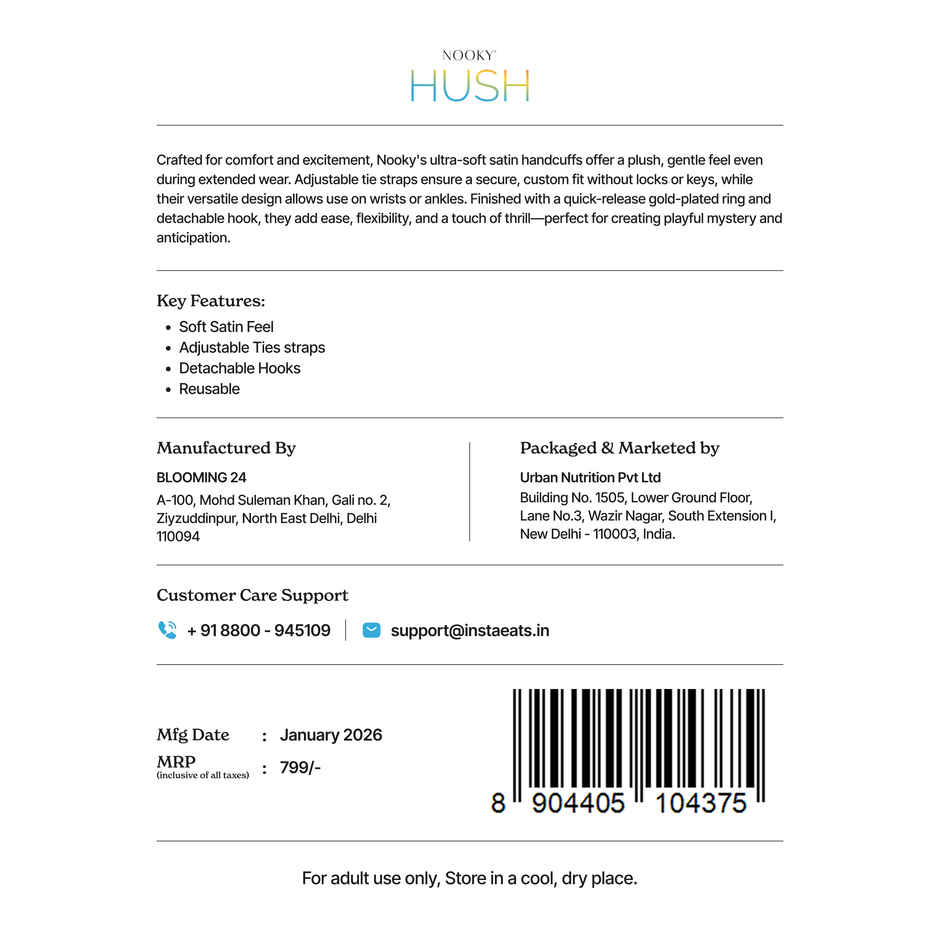 Nooky HUSH Intimacy Handcuffs Soft Satin Comfortable and Beginner Friendly