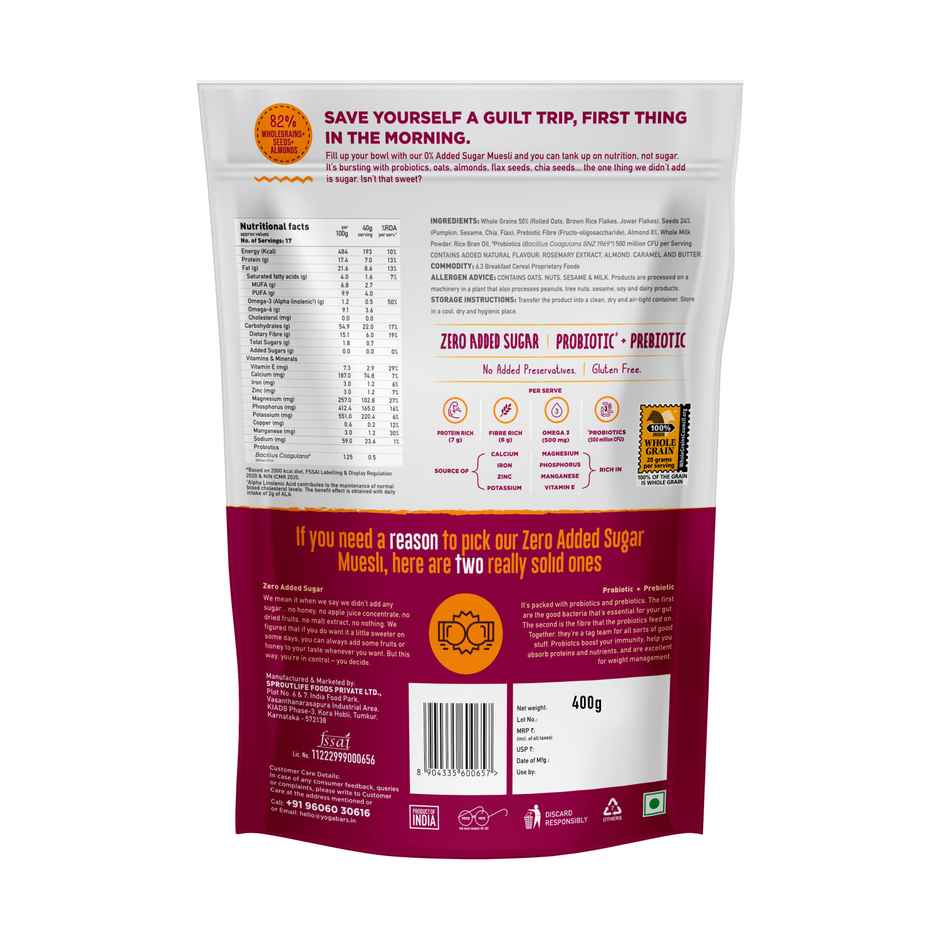Yoga Bar Super Muesli, No Added Sugar, with Probiotics & Prebiotics, 84% Almonds+Chia & Flax Seeds