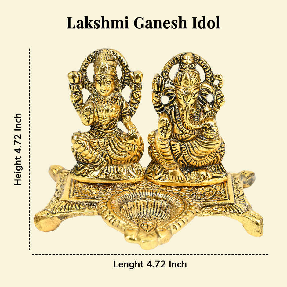 HINDCRAFT Lakshmi Ganesh Idol with Diya | Brass Finish Showpiece for Puja & Diwali Gift