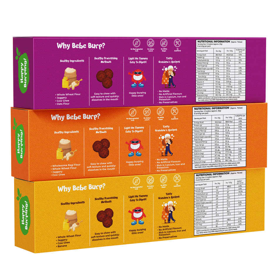 Bebe Burp Organic Baby Food Cookies Combo | Ragi,Whole Wheat,Oats Cookies | Pack of 3