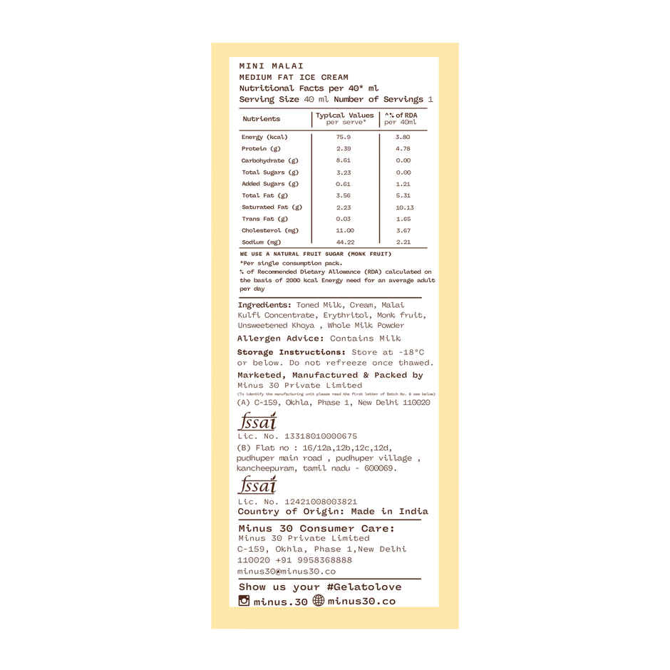 Minus Thirty Mini Malai Kulfi Ice Cream Stick