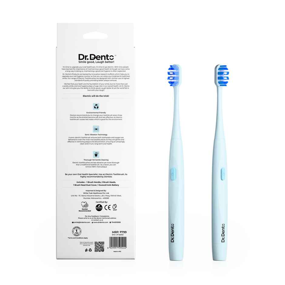 Dr.Dento Neo Sonic Electric Toothbrush | 2 Heads + Cover | 120 Day Battery|1 Yr warranty -Ocean Blue
