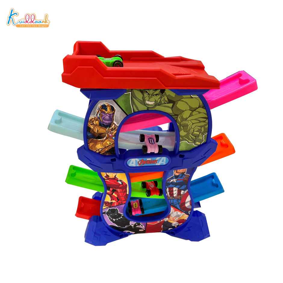 Kriiddaank Avengers Zig Zag Zoomer - Ramp Racer Car Track Set for Toddlers 15 Pieces 4 Mini Vehicles