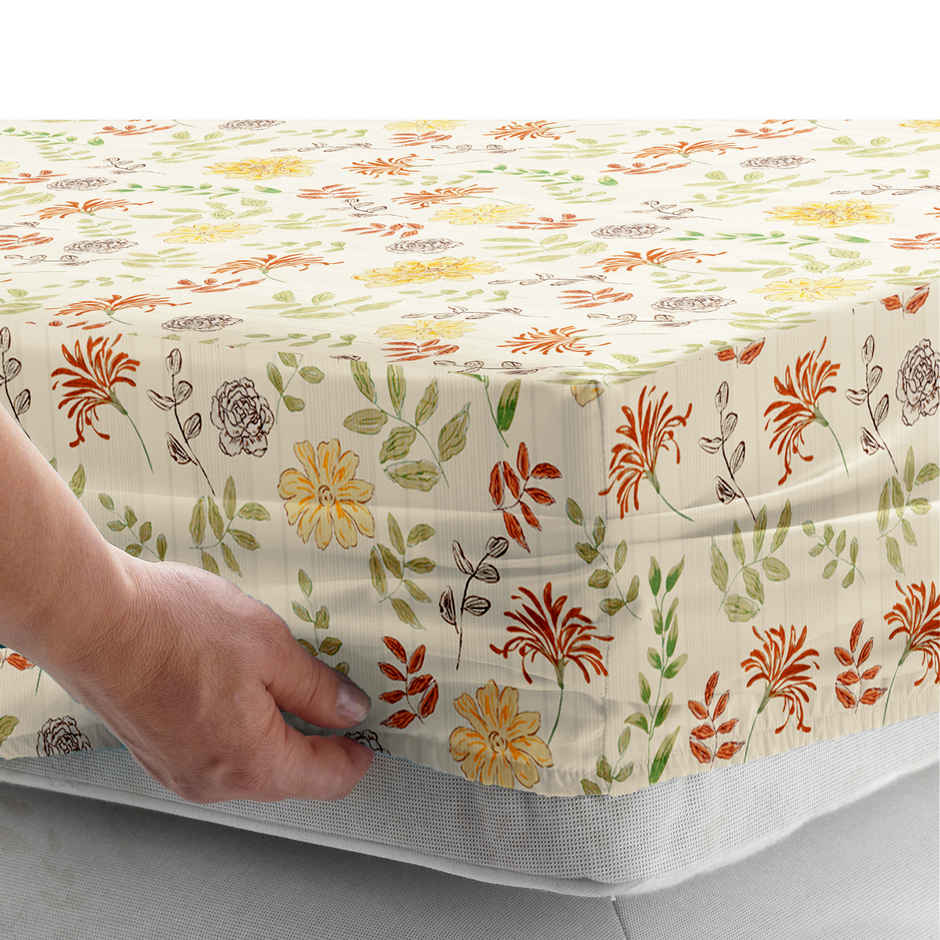 Story@Home Cotton Blend King Fitted 210 TC Floral Bedsheet with 2 Pillow Covers | Off White & Yellow