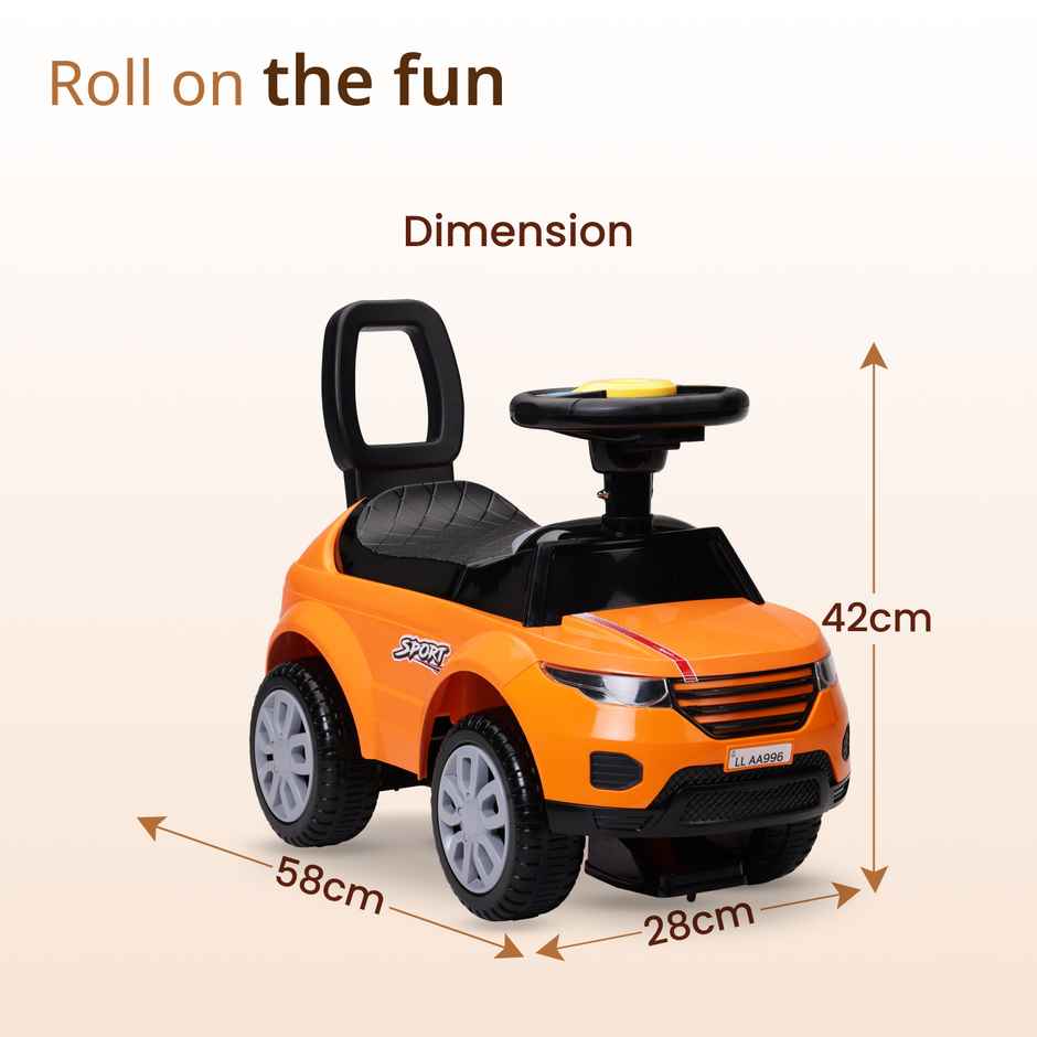 LuvLap Starlight Ride On Car with Music Horn Push Handle Backrest Guard Orange for Kids 1-3 Years