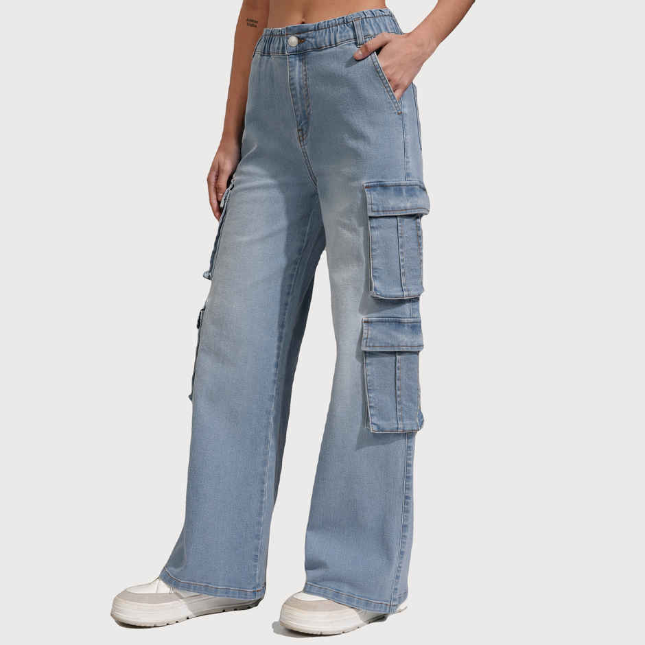 Tokyo Talkies Women's Straight Fit Cargo Jeans | Light Blue - 30