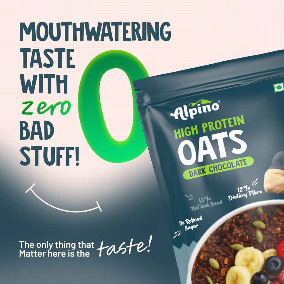 Alpino 25g High Protein Oats Dark Chocolate with Dry Fruit Nut & Seed Mix | No Refined Sugar & Salt