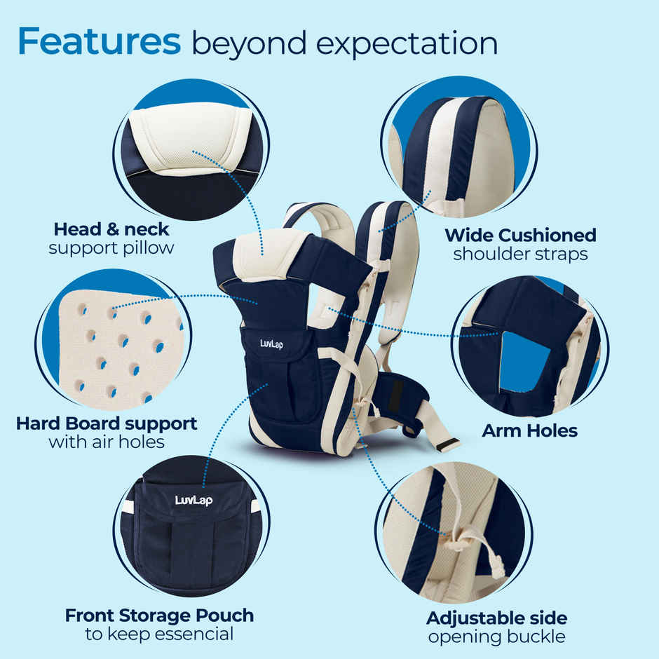 LuvLap Elegant Baby Carrier 4 Carry Positions Cushioned Leg Support Navy Blue