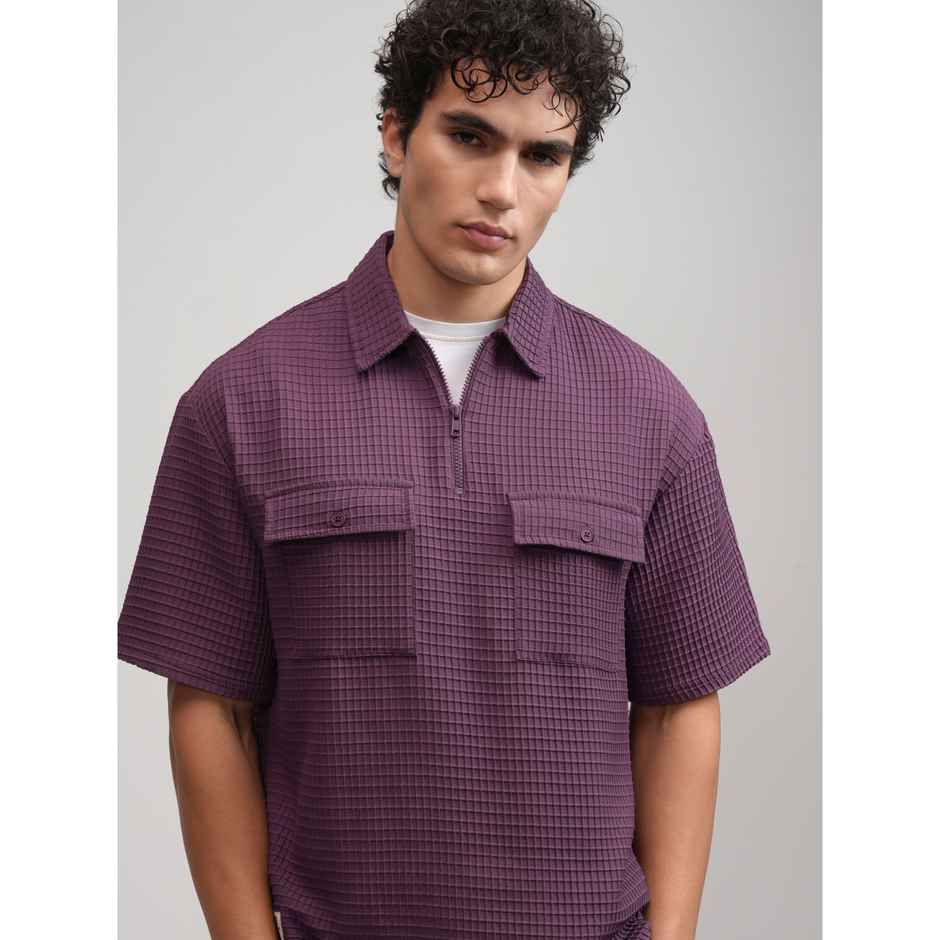 Highlander Men Popcorn Textured Solid Polo Collar Oversized T-shirt | Plum | XL
