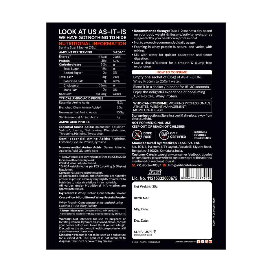 AS-IT-IS ONE Whey Protein Concentrate | 28g Protein | Unflavoured
