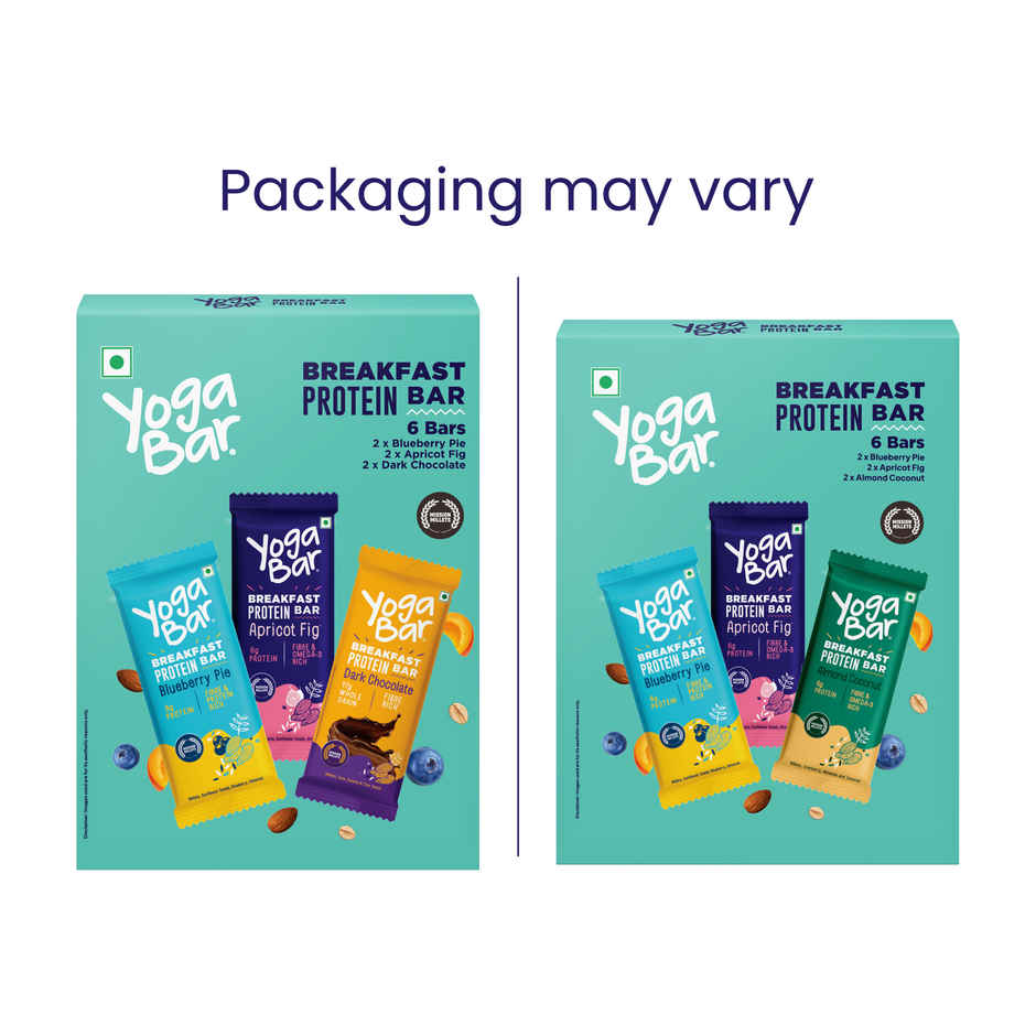 Yoga Bar Breakfast Protein Bar Variety Pack, Blueberry Pie, Apricot Fig, Dark Chocolate, Pack of 6