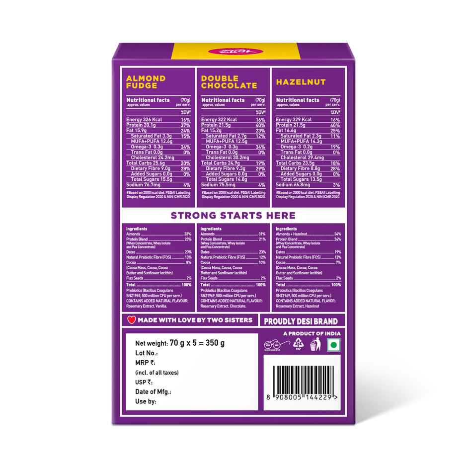 Yoga Bar No Added Sugar 20g Protein Bars|Added Probiotics & Whey| 20g Protein|Pack of 5 x 70g Each