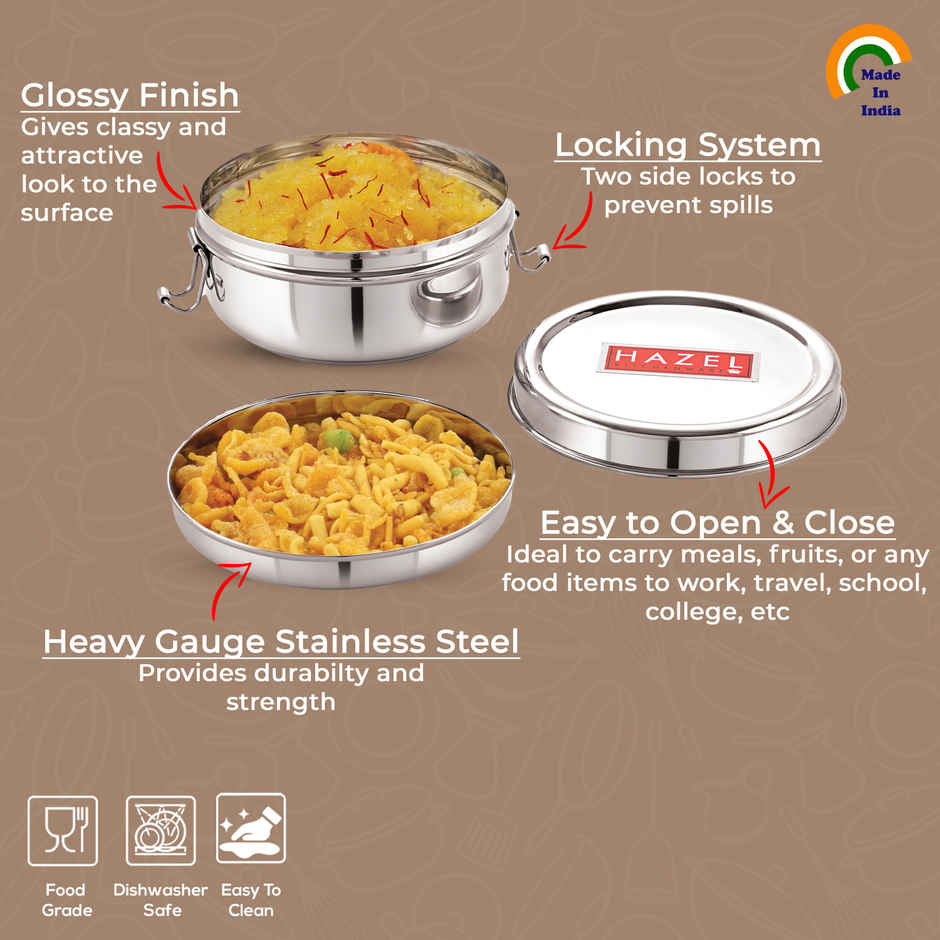 Hazel Steel Tiffin Box 500 ml | Stainless Steel Lunch Box, Traditional Design