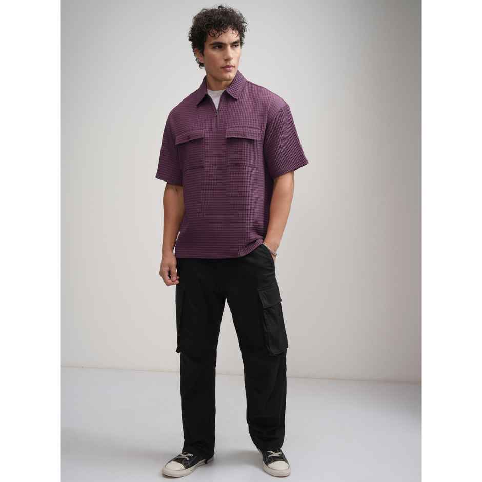 Highlander Men Popcorn Textured Solid Polo Collar Oversized T-shirt | Plum | XL