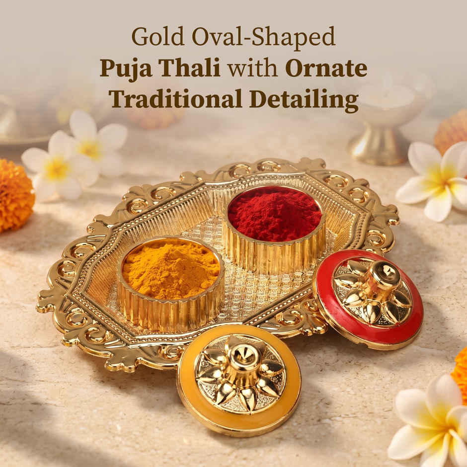 Gold Oval Shape Puja Thali for Rakhi, Pooja, Home Temple & Festive Decor | From House of Cycle