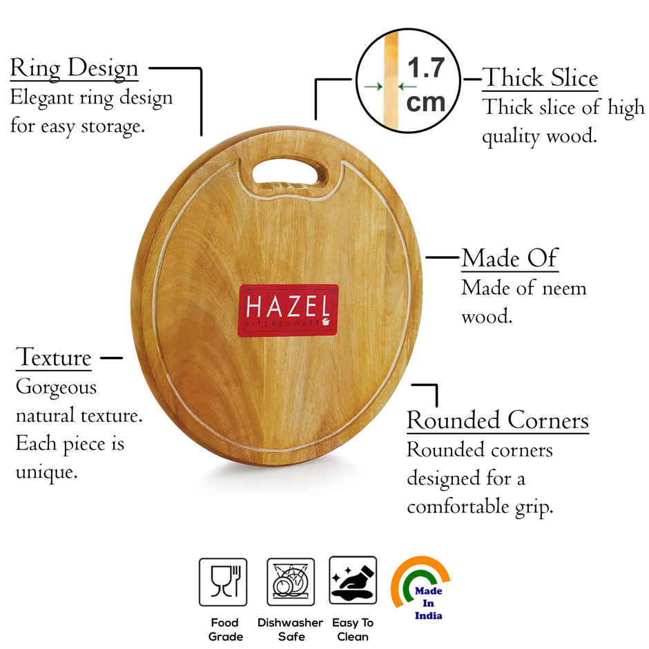 Hazel Round Wooden Chopping Board, 12 Inch Diameter, Neem Wood, Thick For Kitchen