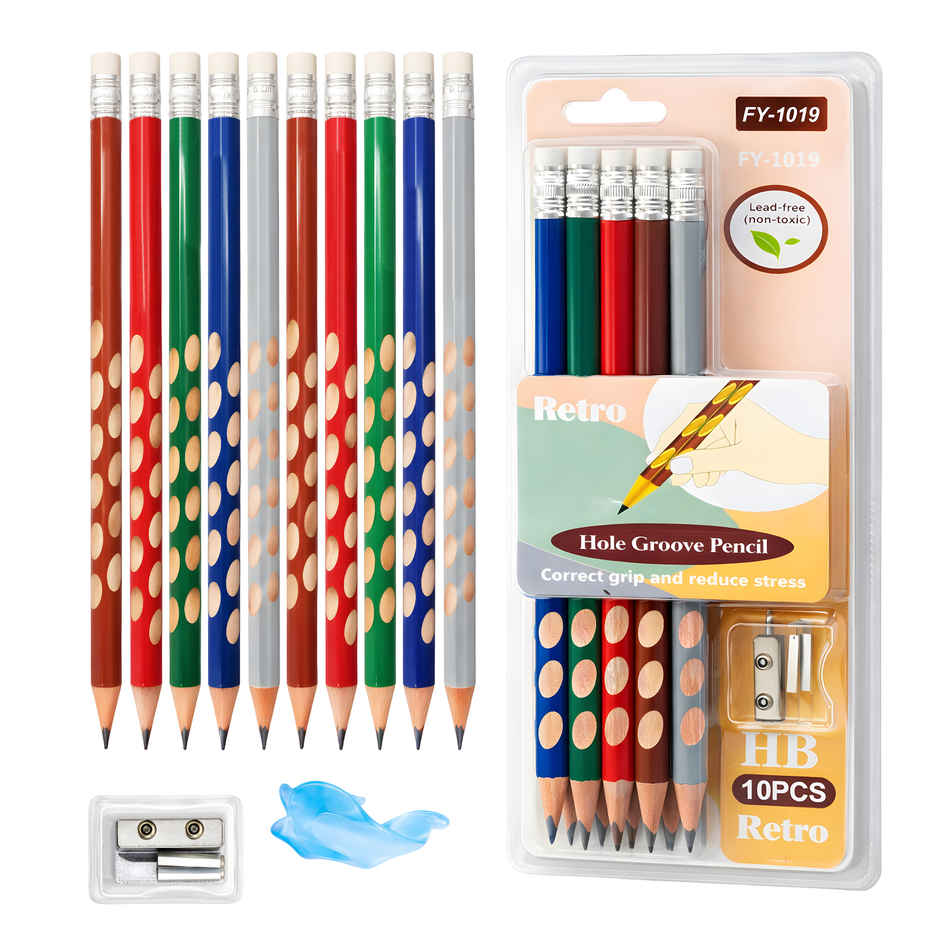 Toyshine HB Pencil Groove Grip with Eraser Sharpener Pencil Cap