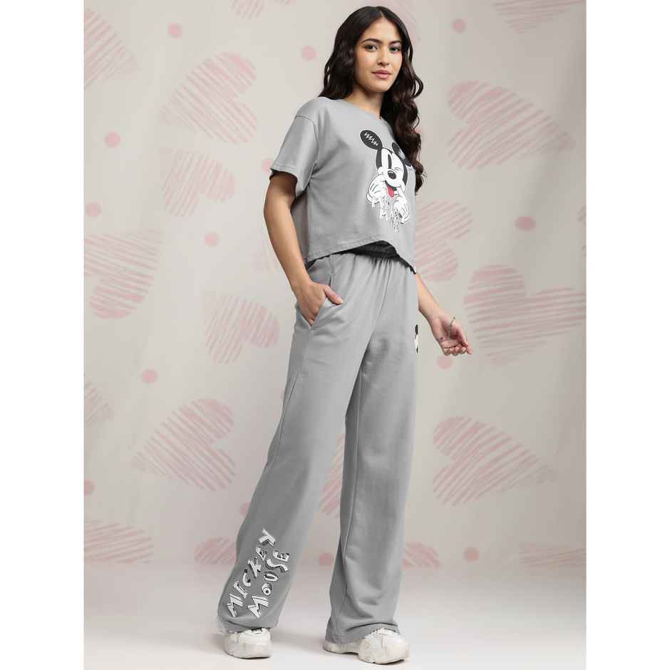 Tokyo Talkies Women's Disney Mickey Mouse Printed Sleepwear Co-ord Set | Grey - L