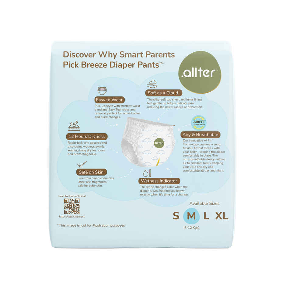 allter Breeze Baby Diaper Pants M Size | 7-12 kgs | M | 32 pcs
