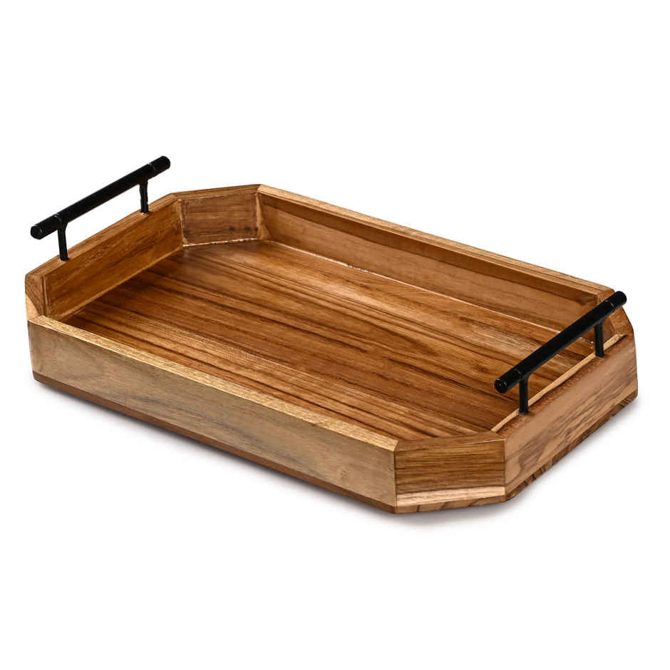 Estoria Collective Teak Wooden Serving Tray with Metal Handle