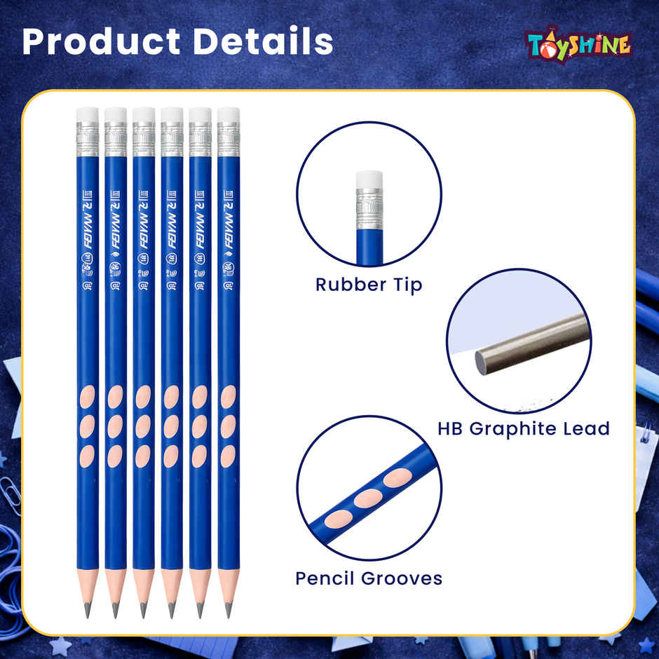 Toyshine HB Pencil Groove Grip with Eraser Sharpener Pencil Cap | Blue