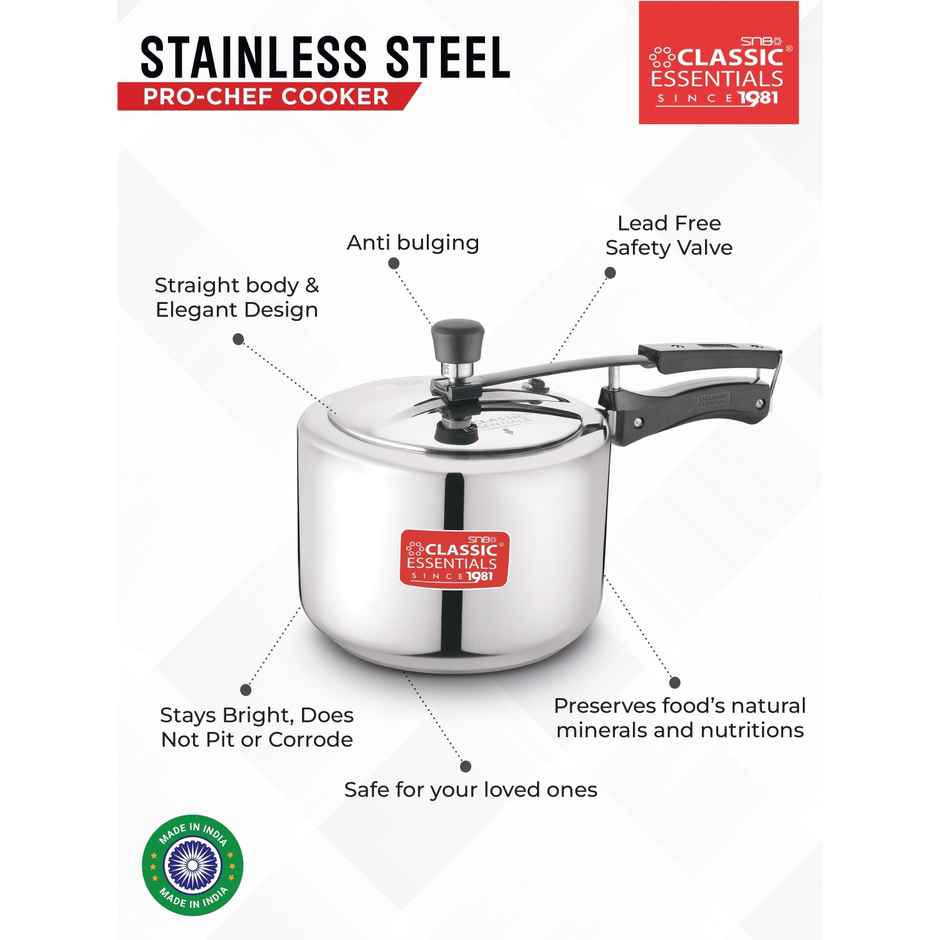 Classic Essentials Prochef Isi Certified 3l Inner Lid Induction Bottom Steel Pressure Cooker