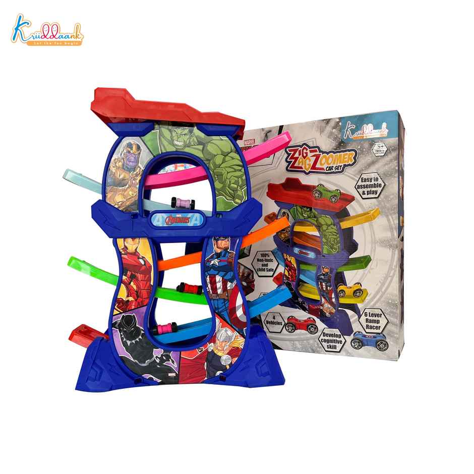 Kriiddaank Avengers Zig Zag Zoomer - Ramp Racer Car Track Set for Toddlers 15 Pieces 4 Mini Vehicles