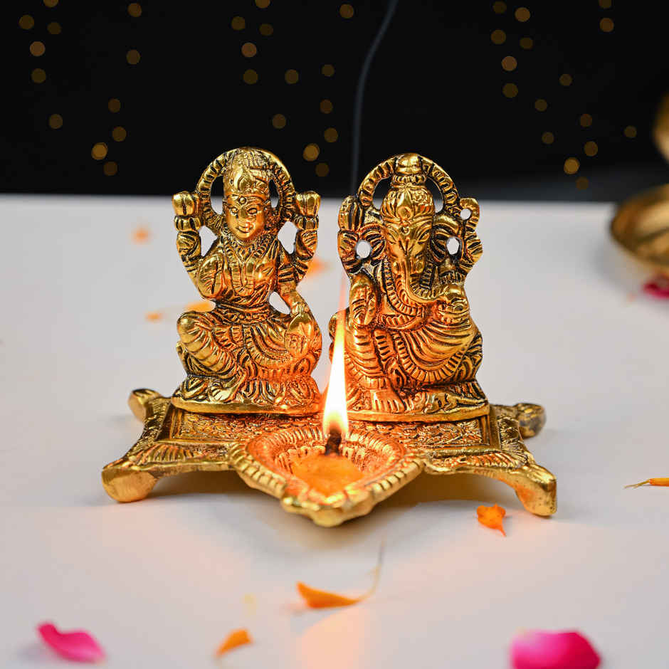 HINDCRAFT Lakshmi Ganesh Idol with Diya | Brass Finish Showpiece for Puja & Diwali Gift