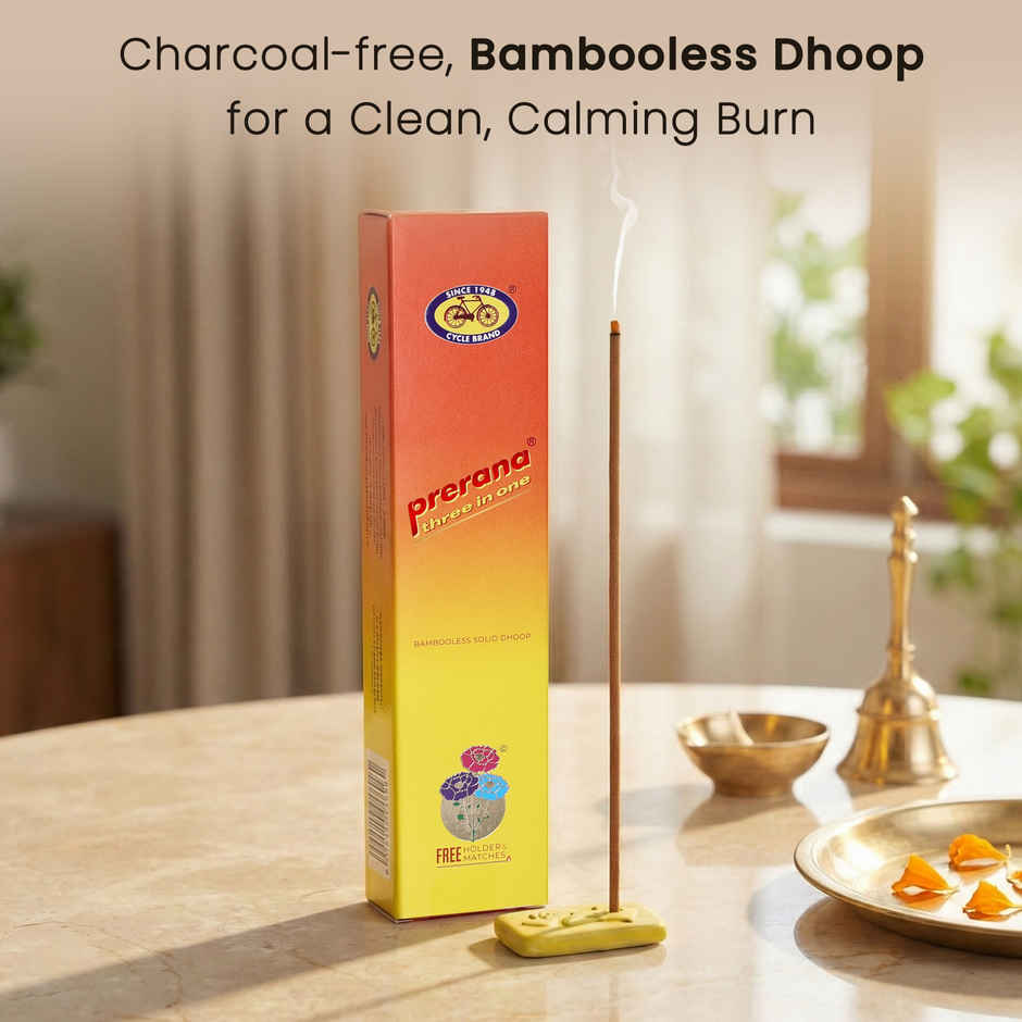 Prerana Three in One Bambooless Solid Dhoop Sticks | 42N Sticks, Holder & Matches Included | Cycle