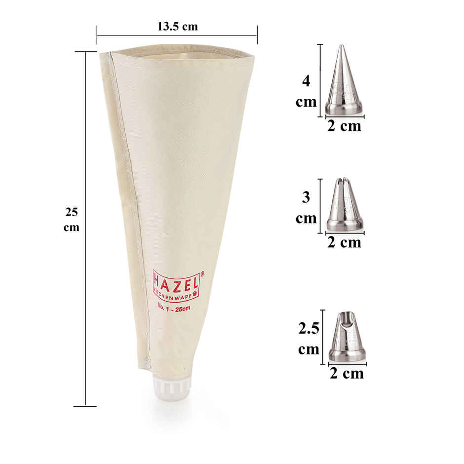 Hazel Piping Bags Set With 3 Nozzles, 25 Cm Reusable Cake Icing Bags, White