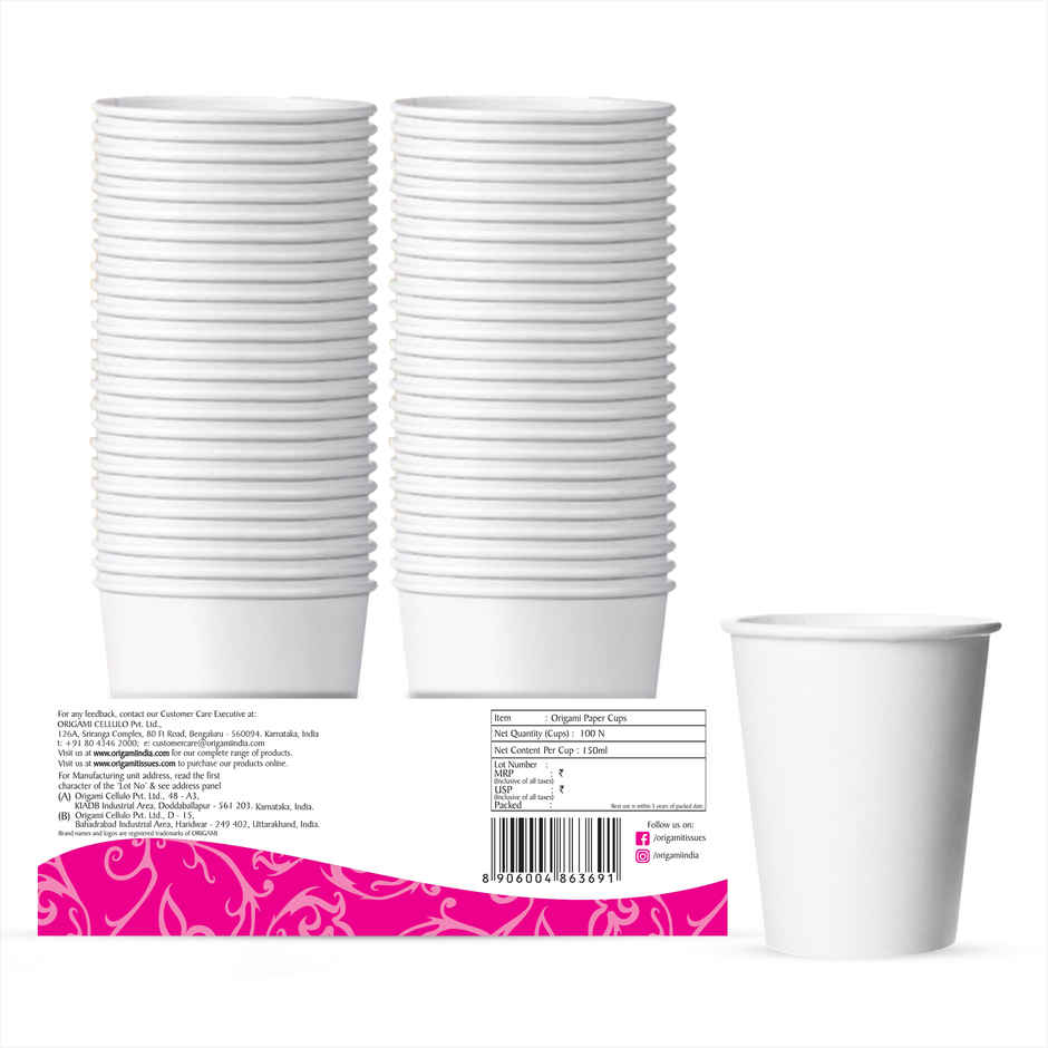 Origami Disposable Paper Cups Plain 150 ML - 100 Count