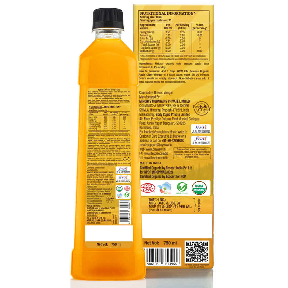 Wow Life Science Organic Apple Cider Vinegar with Mother Vinegar