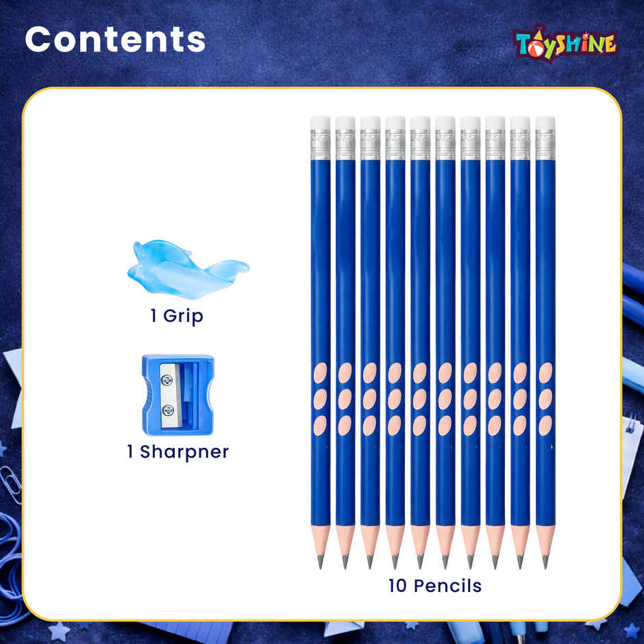 Toyshine HB Pencil Groove Grip with Eraser Sharpener Pencil Cap | Blue