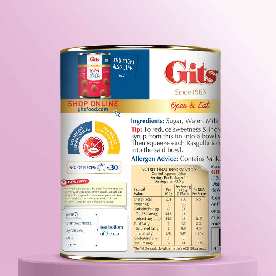 Gits MiNi Rasgulla Open & Eat Tin | Soft & Juicy