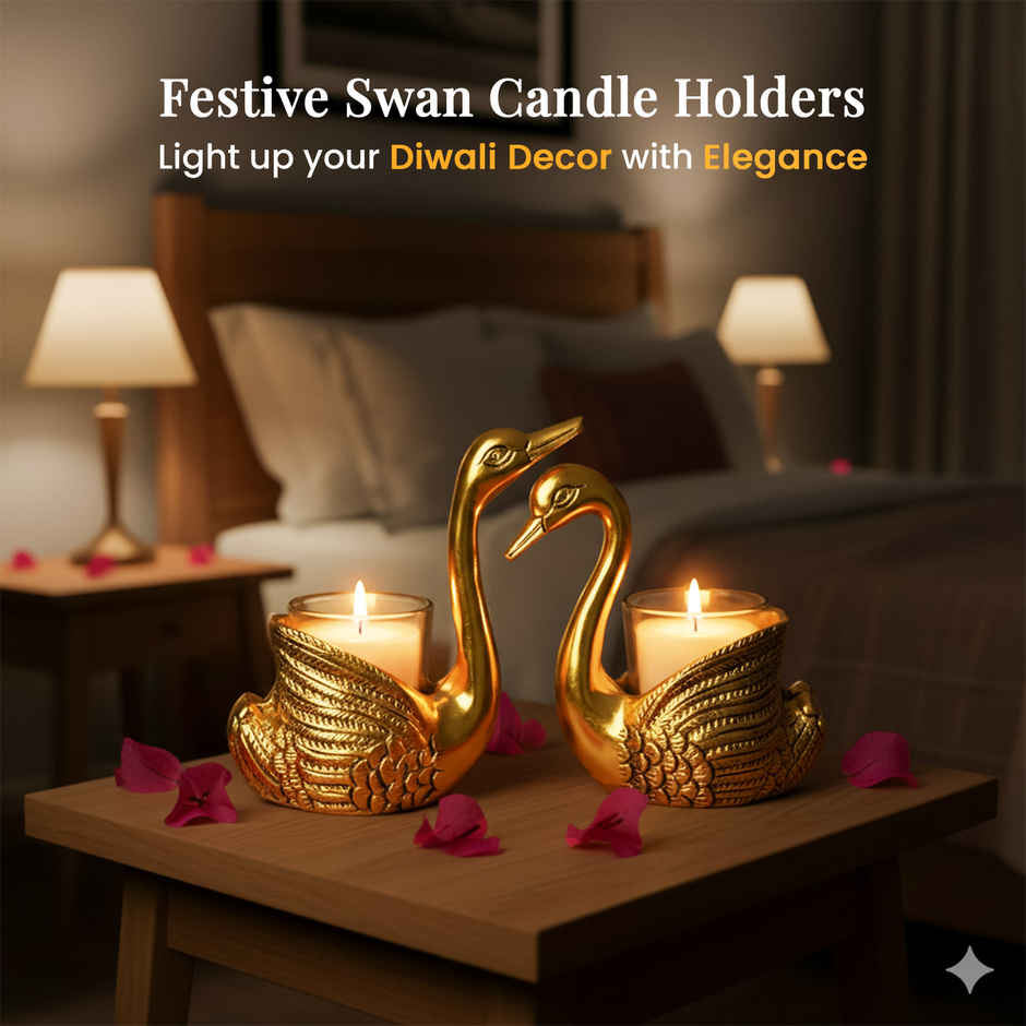 HINDCRAFT Pair of Golden Swan Candle Holders Tabletop Stand Gift for Love & Luck