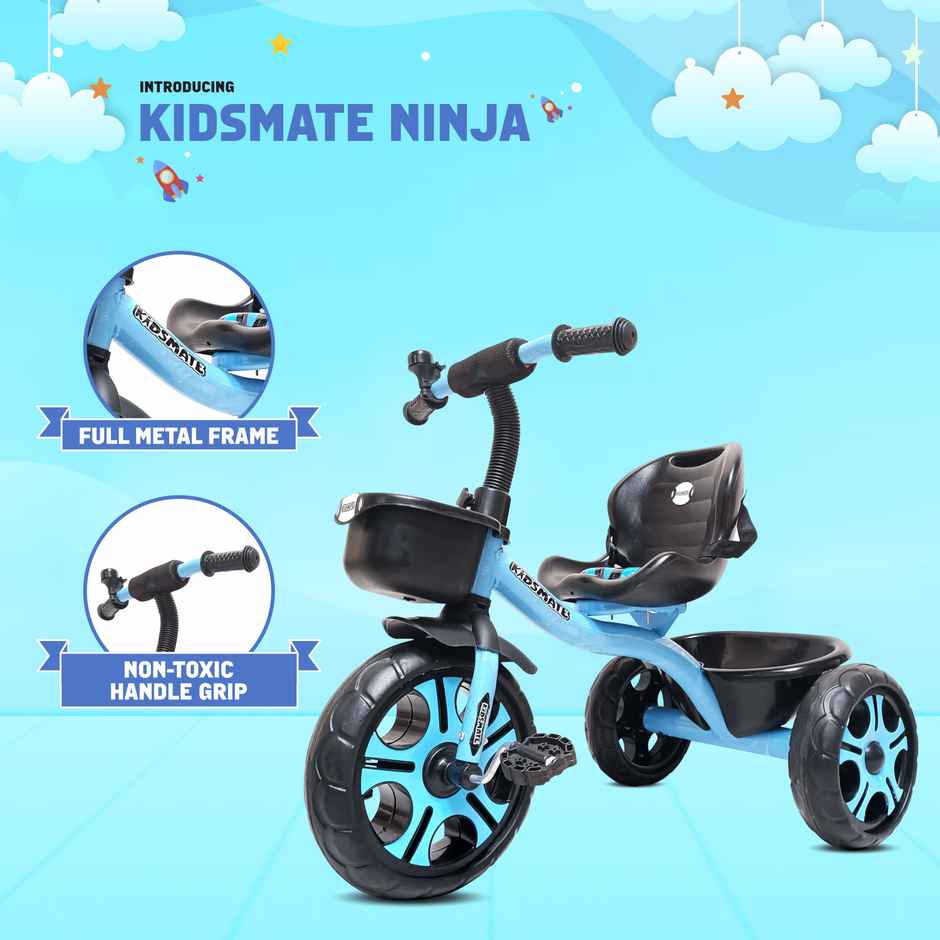 Kidsmate Ninja Plug-N-Play Tricycle with Basket & Seat Belt for Kids 1-4Y - Blue