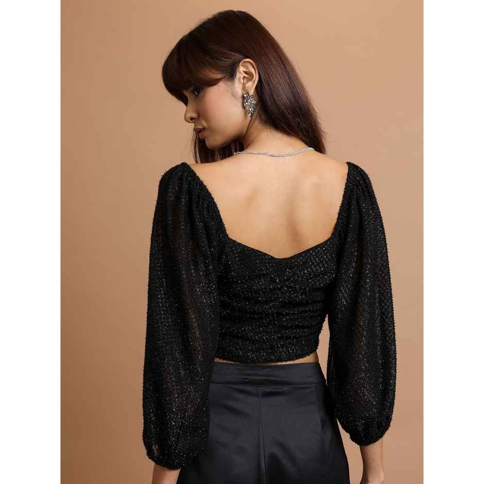 Tokyo Talkies Women's Sweetheart Neckline Ruched Puff Sleeves Crop Top | Black - S