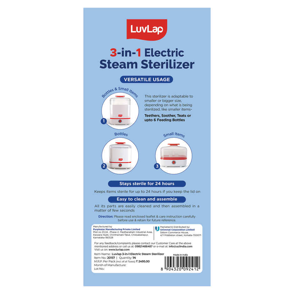 LuvLap 3-in-1 Electric Steam Sterilizer for Baby Products | Kills 99.9% Germs