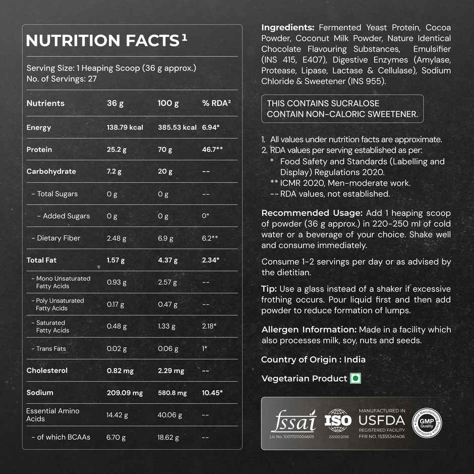 Nutrabay Yeast Protein Powder | Rich Chocolate Creme 25 g Protein 6.7 g BCAA Per Scoop