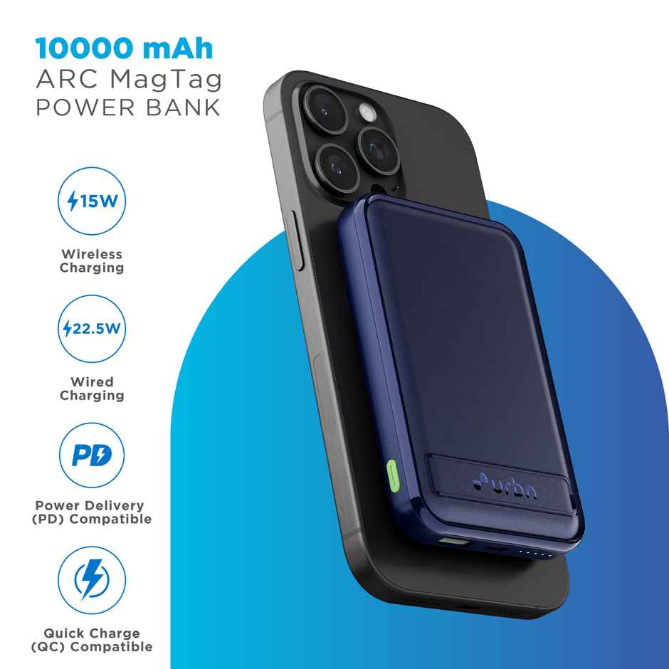 URBN Mag Safe Wireless Power Bank 10000mAh with Stand, 22.5W Fast Charge | iPhone & Qi Devices Blue