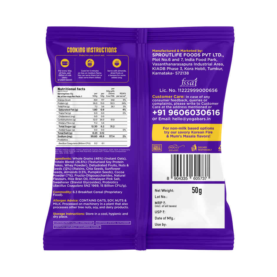 Yoga Bar High Protein Oats Dark Chocolate | 26g Protein