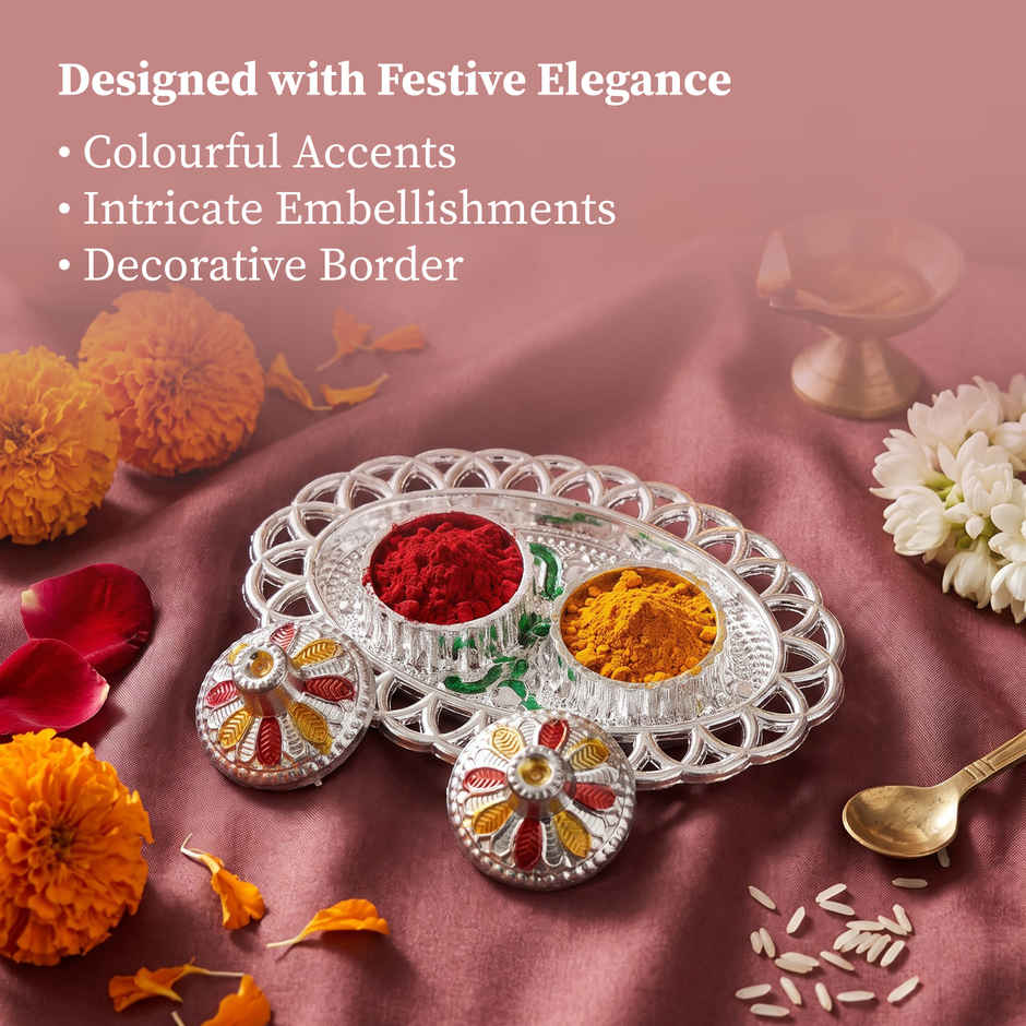 Silver Oval Shape Puja Thali for Rakhi, Pooja, Home Temple & Festive Decor | From House of Cycle