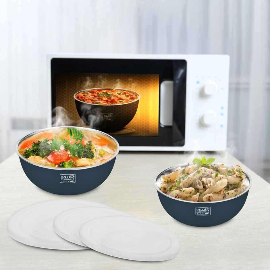 Classic Essentials Stainless Steel Microwave Safe Mixing Bowl Set of 3 Dark Blue