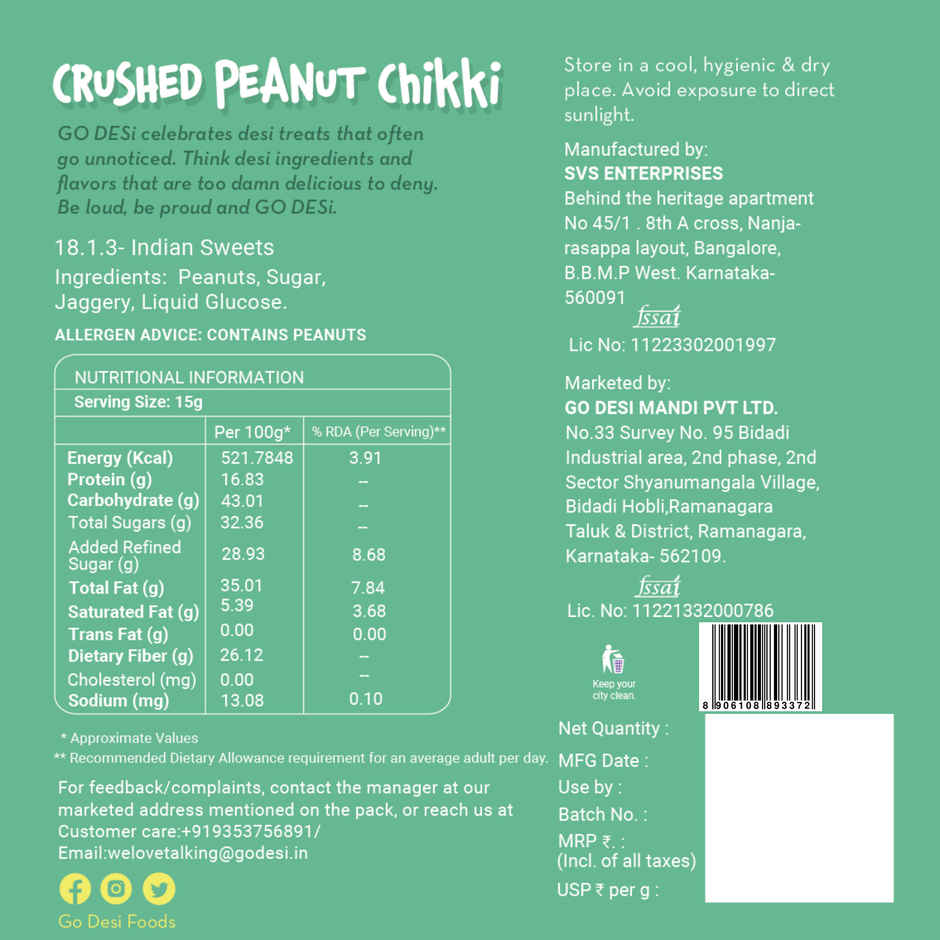 Crushed Peanut Chikki 30 Pcs, By GO DESi Combo
