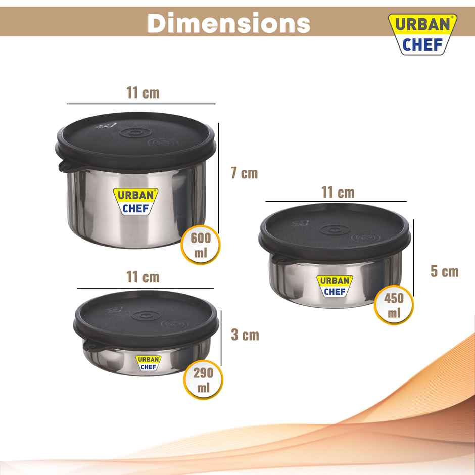 Urban Chef Essential 3 Stainless Steel Containers | 290 |450 |600 ml Leak Proof | Black
