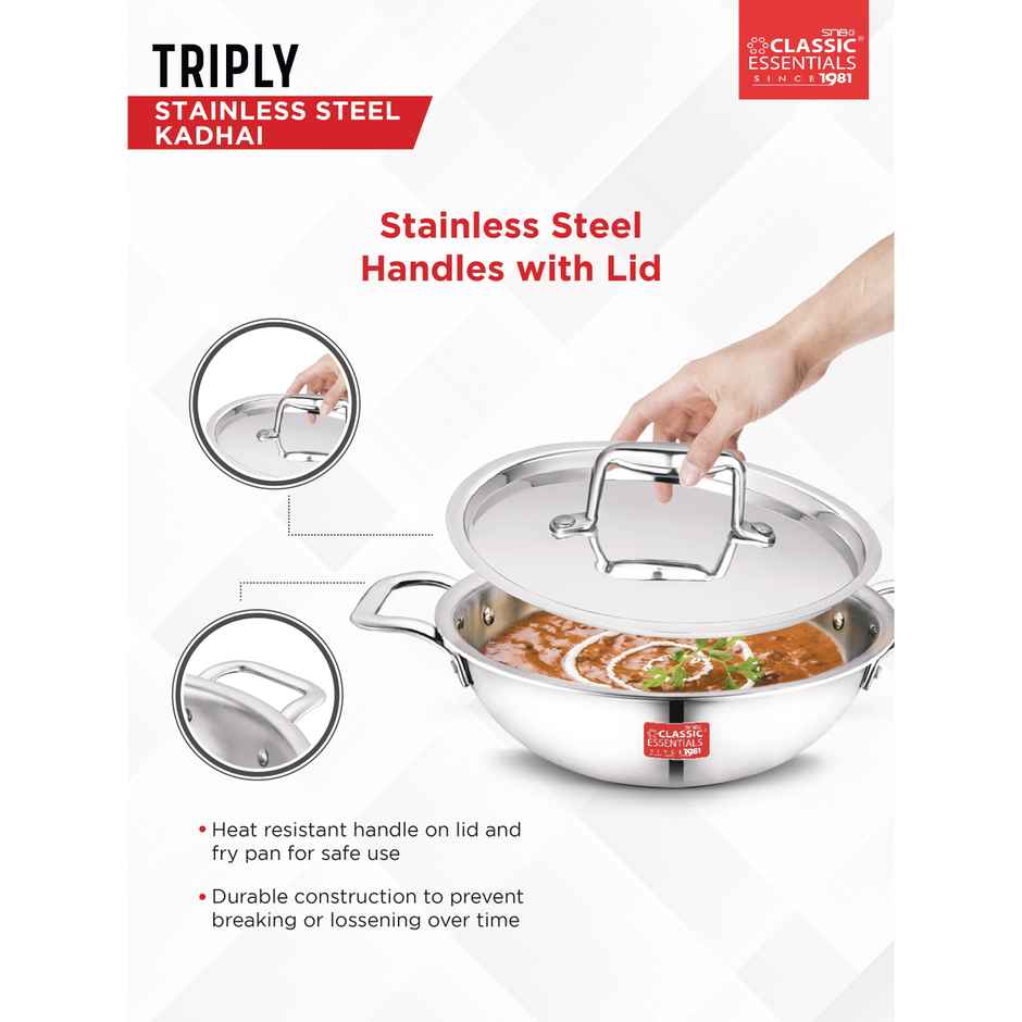 Classic Essentials Triply Stainless Steel Induction Bottom Kadhai With Lid 24cm Dia. 2.5l Capacity