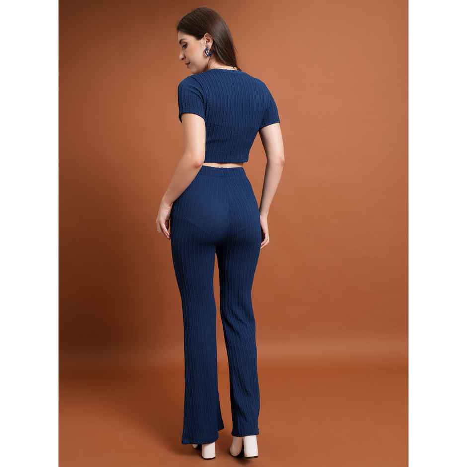 Tokyo Talkies Women's Round Neck Crop Top & Flared Trouser | Navy - M