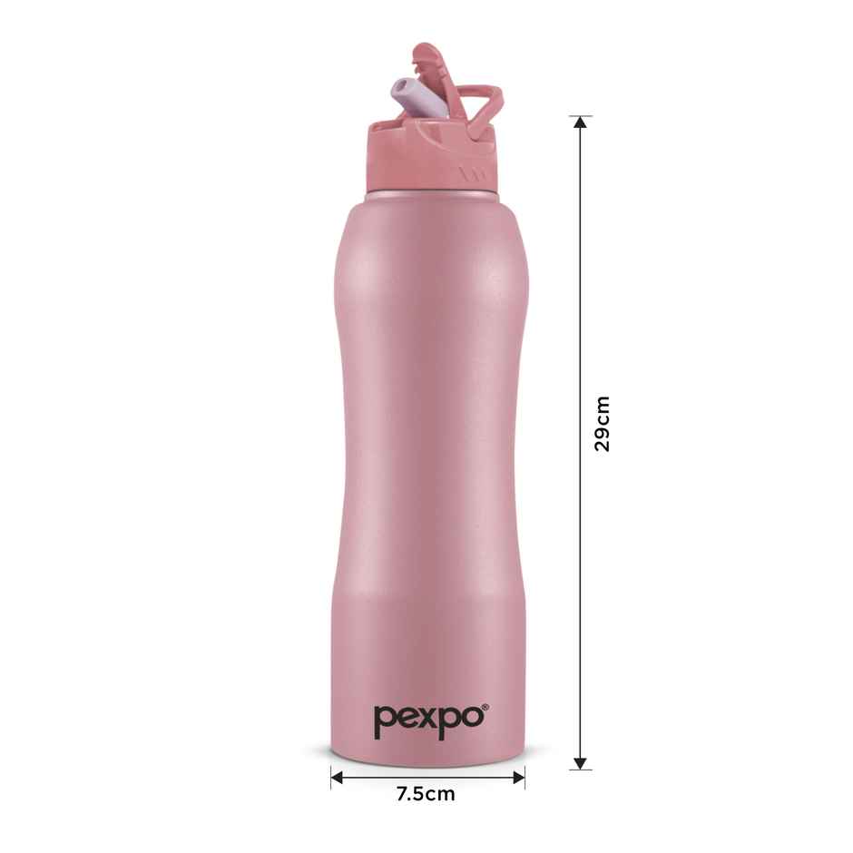 Pexpo Stainless Steel Belly Water Bottle With Straw Lid Sipper Cap Easy Grip | Rose Gold | 1 L