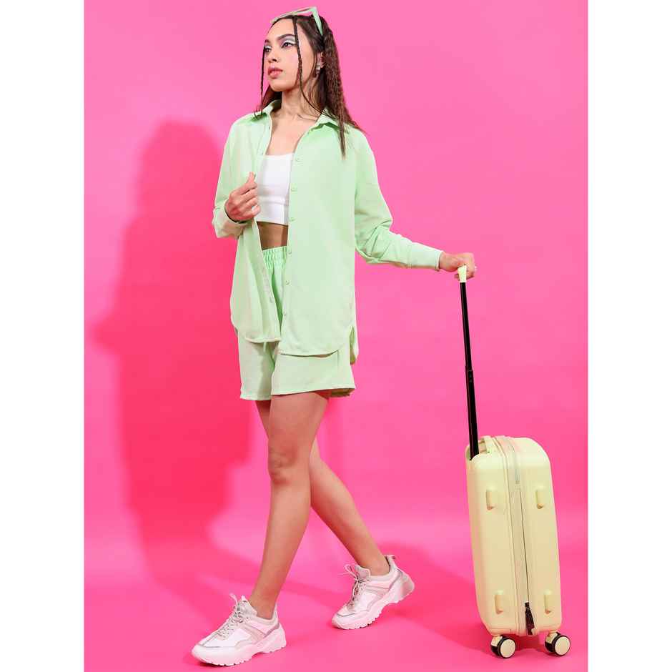 Tokyo Talkies Women's Knitted Shirt With Shorts Set | Green - L